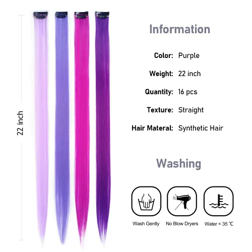 Miniatura 2 de 16 piezas de extensiones de cabello con clip de color púrpura, varios colores, para fiestas, clip en postizo sintético, para Halloween, cosplay