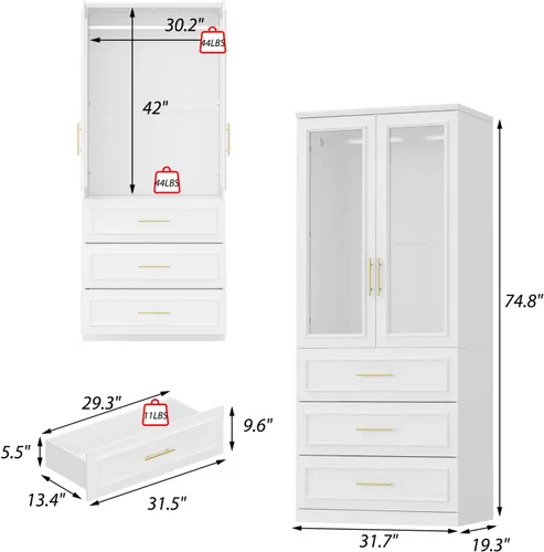 Miniatura 2 de WOODTIME Armario con barra para colgar, 3 cajones enmarcados y 2 puertas de cristal, armario de madera moderno, organizador de armario