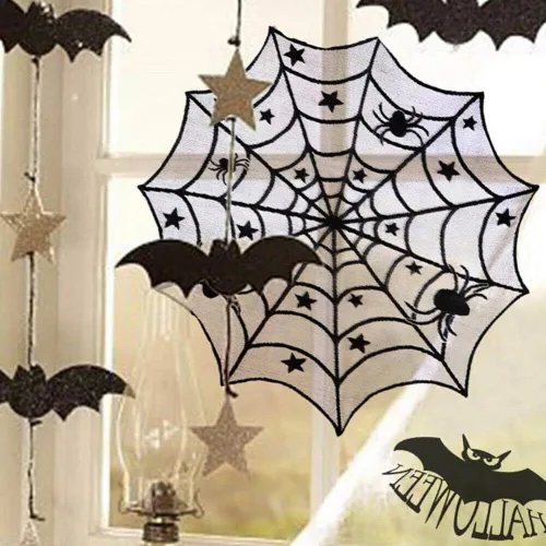 Miniatura 5 de Camino de mesa de Halloween, mantel redondo de encaje de araña de 40 pulgadas, mantel de Halloween para cena de Halloween (negro)