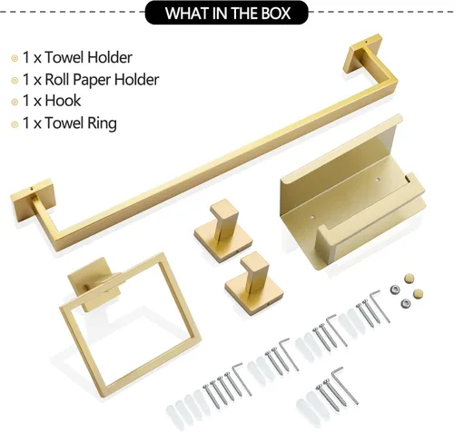 Miniatura 7 de Juego de accesorios de baño de 5 piezas 60 cm Barra de toalla dorada Juego de barra de toalla Anillo de toalla Gancho para abrigos y soporte