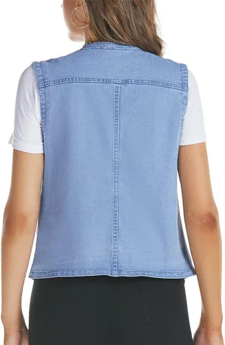 Miniatura 4 de Kedera Chaleco de mezclilla sin mangas para mujer, cuello en V, abotonado, ligero, chaqueta de mezclilla