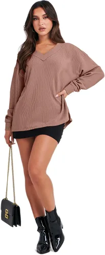 Miniatura 3 de ANRABESS Camisas de manga larga de gran tamaño para mujer, sudadera con hombros descubiertos, holgada, cuello en V, suéter alto y bajo 2025