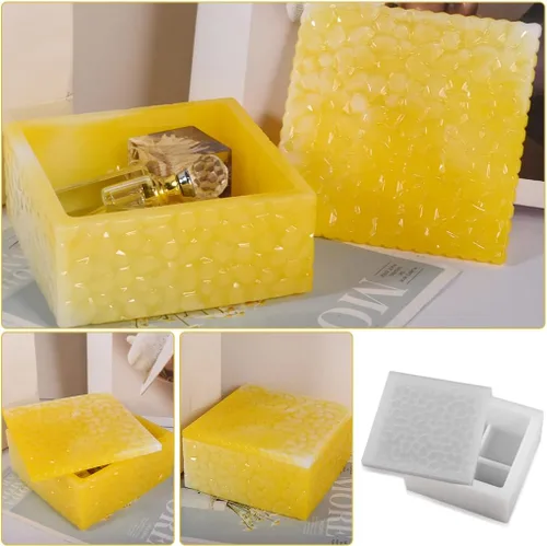 Miniatura 5 de Caja de almacenamiento cuadrada Moldes de fundición de resina con tapa, caja apilable de ondas de agua, moldes de silicona, estuche de joyería