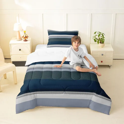 Miniatura 20 de jejeloiu Juego de edredón geométrico para niños, tamaño individual, diseño de rayas de color negro, blanco y gris, juego de ropa de cama decorativo