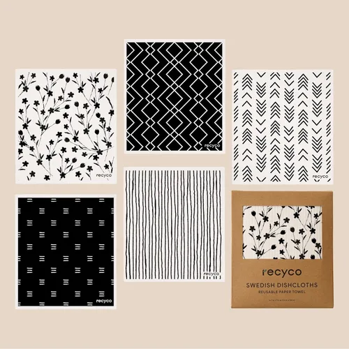 Miniatura 8 de RECYCO Paños suecos para cocina Paquete de 5 trapos geométricos lavables Toallas de papel de limpieza reutilizables de celulosa Paño