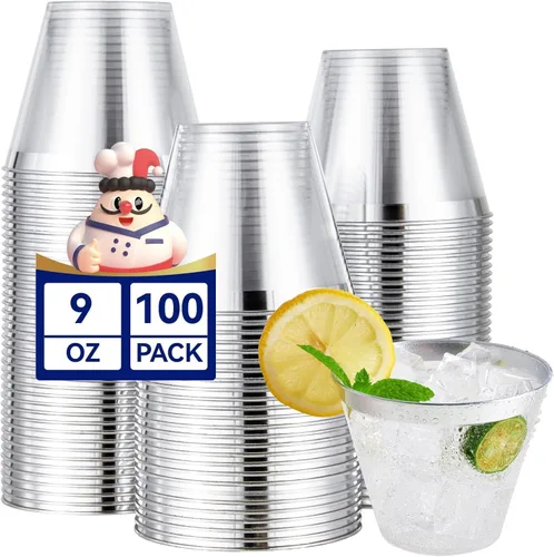 Miniatura 11 de JOLLY CHEF Paquete de 100 vasos desechables de plástico plateado, vasos tipo tumbler de plástico transparente de 12 onzas, elegantes vasos