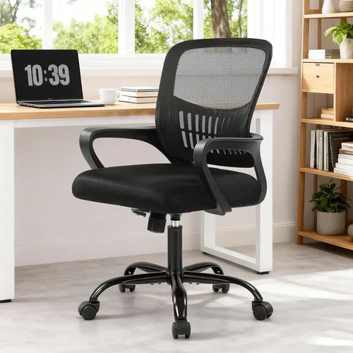 Miniatura 10 de DUMOS Silla de computadora de oficina en casa, escritorio ergonómico de respaldo medio con soporte lumbar y modo mecedor, altura ajustable con Brazo