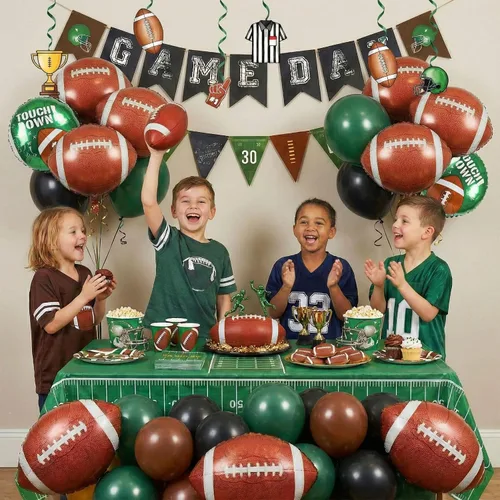 Miniatura 2 de Globos de fútbol verde oscuro, marrón y negro, globos con pancarta, colgante, remolino, poste de meta, globos de fútbol para deportes, cumpleaños