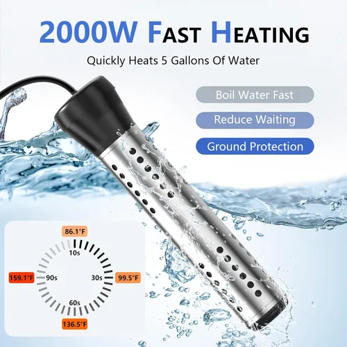 Miniatura 4 de BSEED Calentador de agua de inmersión eléctrico, calentador de agua portátil de calentamiento rápido de 2000 W con apagado automático, protector