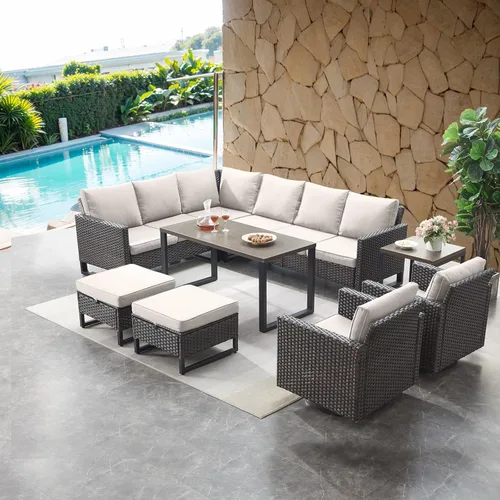 Miniatura 150 de HUMMUH Juego de 2 sillas giratorias para patio, mimbre de polietileno, para exteriores, bistró, porche, balcón, muebles con cojines Gris/gris