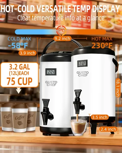 Miniatura 5 de Dispensador de bebidas aislado – Dispensador térmico de té frío y caliente – Acero inoxidable de 12 L/3.2 galones con espita para té, café, leche