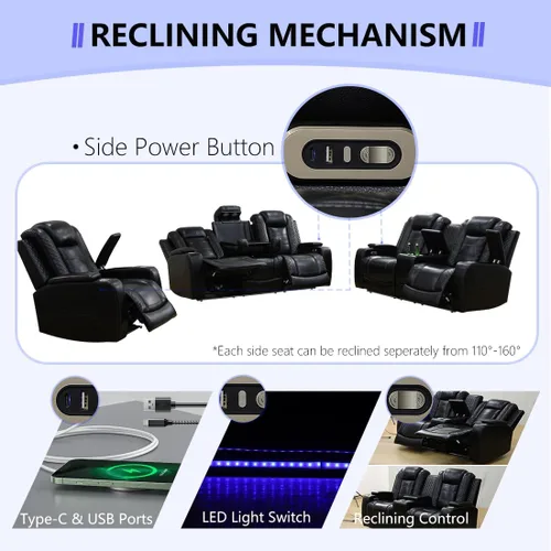 Miniatura 4 de Juego de Sofá Reclinable Eléctrico, Juego de Sofá y Sillón Reclinable de Cuero Negro, Juegos de Muebles de Sala de Estar, Sofá de Dos Plazas