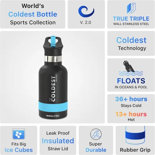 Miniatura 4 de Coldest - Botella para agua con tapa que incluye pajilla, térmica y metálica (acero inoxidable), para hombres y mujeres, color negro