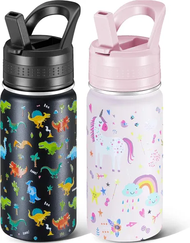 Miniatura 21 de 14 Oz Kids Water Bottle, Stainless Steel Water Bottle with Straws, Leak-Proof, BPA-Free, Insulated Water Bottles for School Boys & Girls Black
