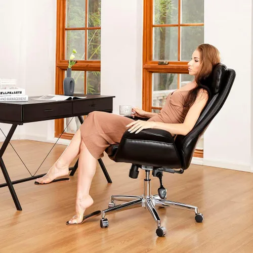 Miniatura 9 de Glitzhome Mid-Century Modern Air Leatherette Silla de oficina giratoria ajustable con respaldo alto, color negro