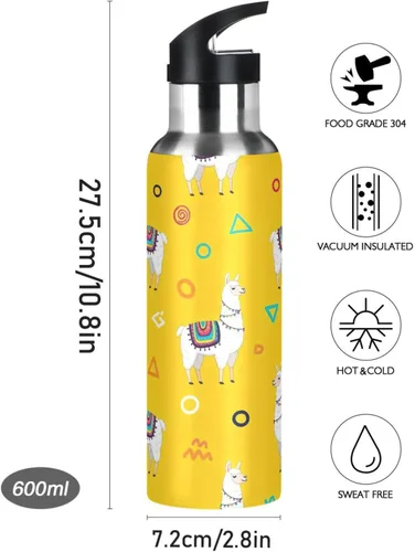Miniatura 9 de BPA-Free Sports Water Bottle with Straw 20 Oz, Insulated Stainless Steel Water Bottle with Straw for Gym Outdoor Travel School, White Llamas Yellow