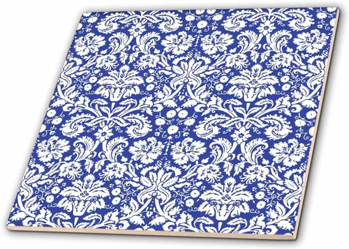 Miniatura 2 de 3dRose Patrón de damasco azul real y blanco, elegante remolinos florales franceses victorianos vintage - Azulejo de cerámica azul marino de 8