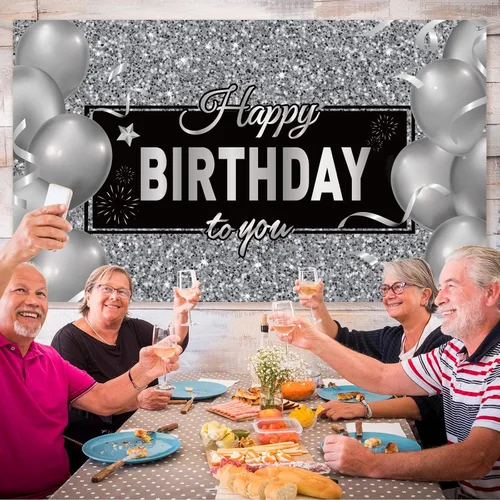 Miniatura 4 de Sumind Cartel de feliz cumpleaños negro y plateado para decoración de fiesta de cumpleaños para hombres y mujeres, suministros de decoración