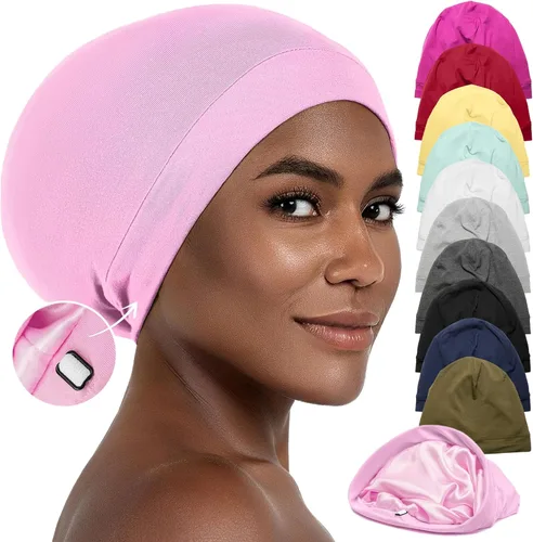 Miniatura 13 de CAPLORD Gorro de satén para dormir, envoltura de pelo rizado para hombres, gorros de seda ajustables para mujeres, gorro de seda para el cabello