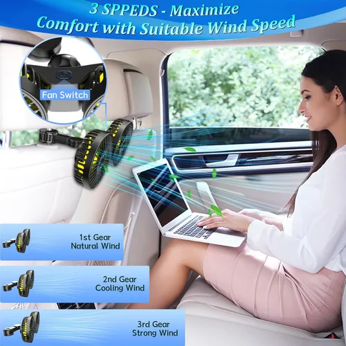 Miniatura 7 de Qidoe Ventilador de coche para asiento trasero, ventiladores portátiles alimentados por USB para automóvil con rotación de 360° con 3 velocidades