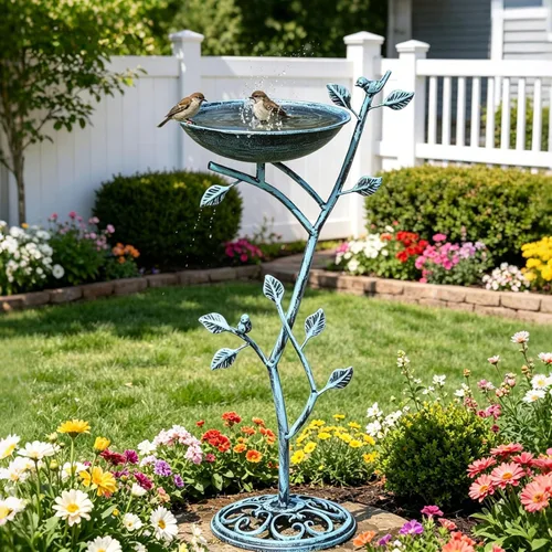 HOUYANG Baño para pájaros con pedestal de hierro fundido de 11.4" de ancho x 31" de alto, baños para pájaros para exteriores, baño para pájaros para