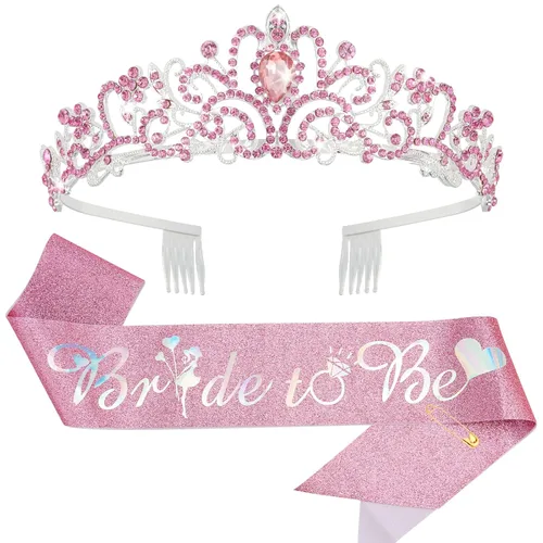 Miniatura 14 de Kit de corona de novia y corona de novia, decoraciones de CIEHER para despedida de soltera, oro rosa, corona de princesa para mujeres y niñas