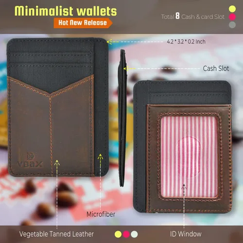 Miniatura 2 de Cartera delgada para hombre con bolsillo frontal minimalista de cuero RFID, Negro, bronceado, Minimalista