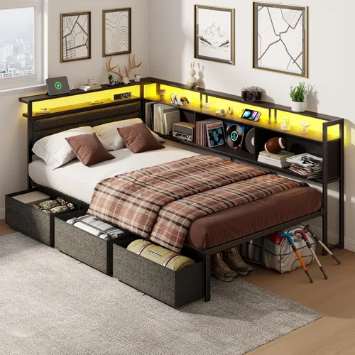 Miniatura 9 de OURPIC Marco de cama esquinero con estantería de almacenamiento y luces LED, marcos de cama de tamaño individual con cabecera tapizada y estación