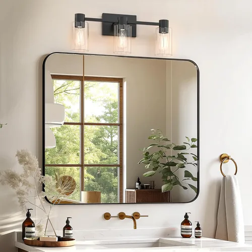 Miniatura 2 de Apliques de pared negros mate de 3 luces para baño, modernas lámparas de tocador sobre espejo, lámparas de baño con pantalla de vidrio transparente