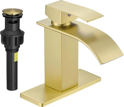 Miniatura 13 de Fransiton Grifo de baño de cascada de níquel cepillado, grifo de lavabo de una sola manija de 1 o 3 agujeros, grifo de lavabo con cubierta y drenaje