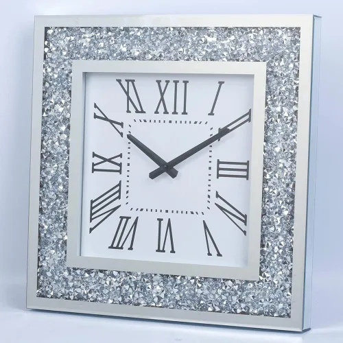 Miniatura 9 de Reloj de pared grande con espejo plateado brillante brillante brillante con diamantes para decoración de pared, espejo de cristal plateado