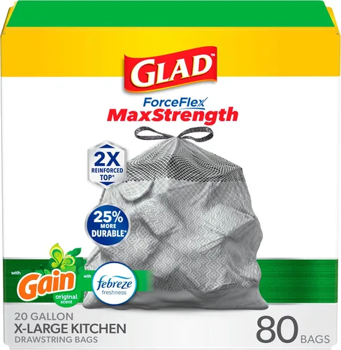Glad ForceFlex MaxStrength - Bolsas de basura de cocina con cordón XL, 20 galones, ganancia, 80 unidades (el paquete puede variar)