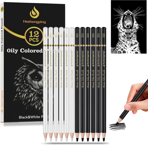 Heshengping 6 lápices de colores al óleo negros, 6 lápices de color blanco al óleo, lápices de colores de madera a base de aceite para artistas