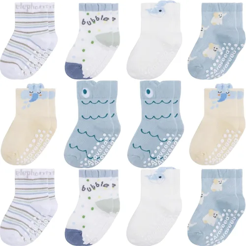 Miniatura 13 de Calcetines antideslizantes con agarre para tobillos, paquete de 12 unidades para niños pequeños, niños y niñas, lindos calcetines de algodón