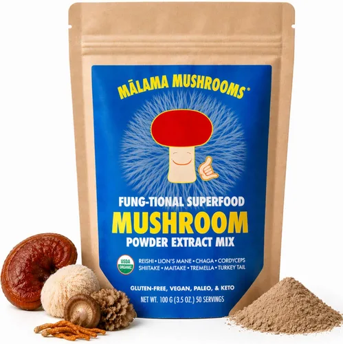 Polvo de extracto de 8 hongos por Malama, mezcla orgánica de hongos corporales con melena de león, reishi, cordyceps, chaga, cola de pavo,