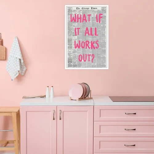 Miniatura 4 de Liyark Arte de pared retro moderno de periódico en lienzo - "¿Qué pasaría si todo sale bien" Frase de afirmación positiva - Fuente rosa - Decoración
