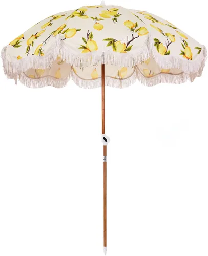 Miniatura 7 de Business & Pleasure Co. Sombrilla Holiday - Sombrilla de playa bohemia con flecos blancos, UPF 50+, poste de madera inclinable de 1", 5' x 6.5', oro