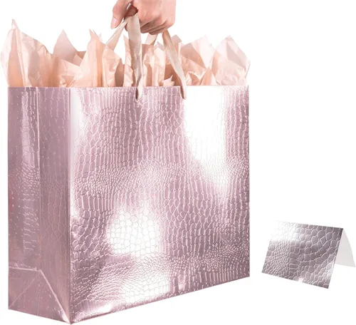Miniatura 6 de Lyforpyton Bolsas de regalo grandes de oro rosa con papel de seda y tarjeta de 13 x 10.2 x 4.3 pulgadas, bolsa de regalo con patrón de cocodrilo