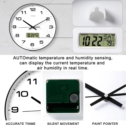 Miniatura 6 de TIMESS Reloj de Pared, Esfera Grande de 14" Sin Tic-Tac Silencioso Operado por Batería Analógico con Pantalla LCD para Calendario Perpetuo y Negro