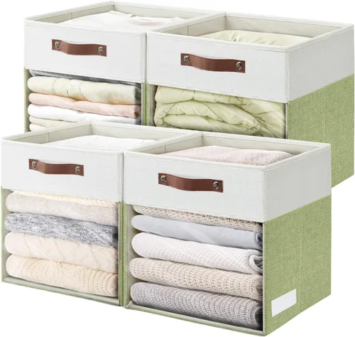 Miniatura 19 de Bagnizer Cubos de Almacenamiento, Paquete de 4 Contenedores de Almacenamiento Plegables de Lino (13 x 13 pulgadas) con Ventana Transparente y Asas