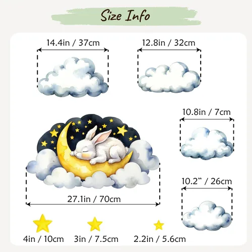 Miniatura 2 de Calcomanía de pared extraíble – Conejito dormido en la nube con luna y estrellas Juego de calcomanías de tela grande para guardería o habitación