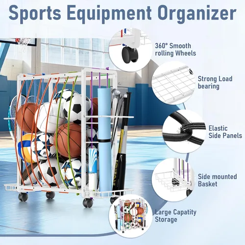 Miniatura 2 de Carrito de almacenamiento de pelotas deportivas con ruedas, organizador de equipos deportivos de gran capacidad, organizador de pelotas de garaje