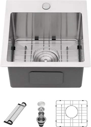 Miniatura 9 de Sarlai - Fregadero de barra negro de 15 pulgadas, fregadero de barra de 15 x 15 pulgadas, fregadero de montaje superior cuadrado, acero inoxidable