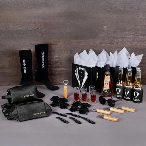 Miniatura 2 de 20 cajas de propuestas para padrinos de boda con gafas de chupito, calcetines, gafas de sol, bolsa de aseo de piel sintética, abridor de botellas