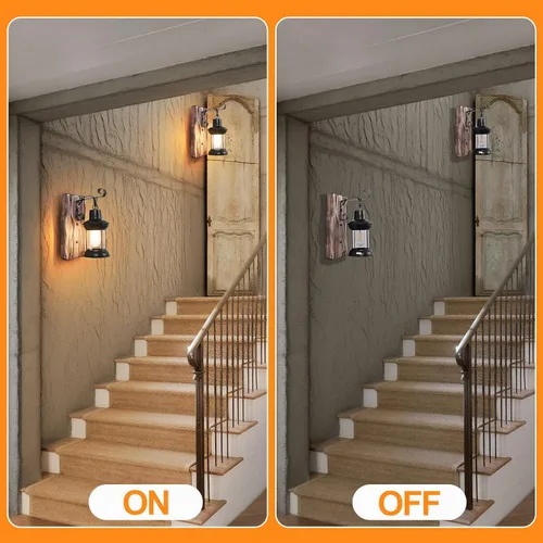 Miniatura 5 de Lámparas de pared rústicas, apliques de pared vintage, juego de 2 lámparas de madera antigua de granja con iluminación interior de vidrio