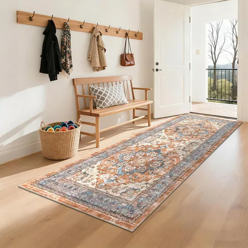 Miniatura 10 de Bsmathom Alfombra de pasillo para pasillos, antideslizante, lavable, estilo bohemio, 2 x 6 pies, alfombra de pelo bajo, alfombra vintage para Rojo