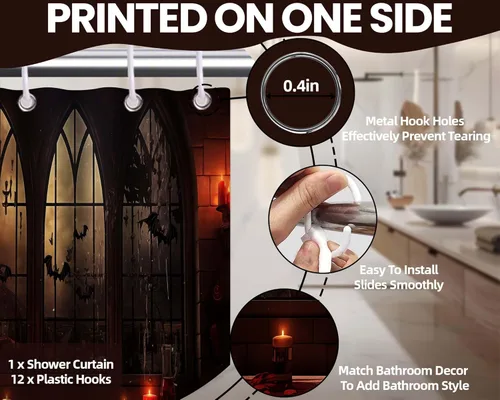 Miniatura 5 de Cortina de ducha de Halloween, diseño de mansión embrujada gótica espeluznante, juego de cortinas de baño de castillo de murciélago gótico Embrujado