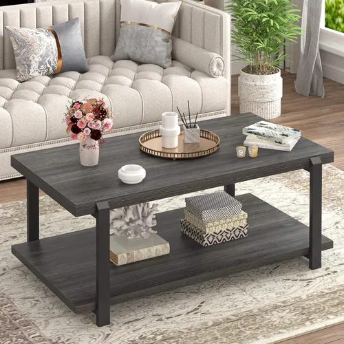 Miniatura 14 de FOLUBAN - Mesa de café moderna con estante de almacenamiento, mesa central de madera rústica para sala de estar, nogal
