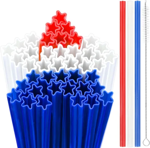 JANYUN 30 Pieces Patriotic Plastic Straws, Red White Blue Star Straws 4th of July Drinking Straws for Beverage Milkshake Cocktail Memorial Day