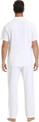 Miniatura 3 de RPOVIG Conjunto de camisa de lino conjunto de 2 piezas de lino para hombre camisas de manga corta pantalones de yoga trajes de playa y boda